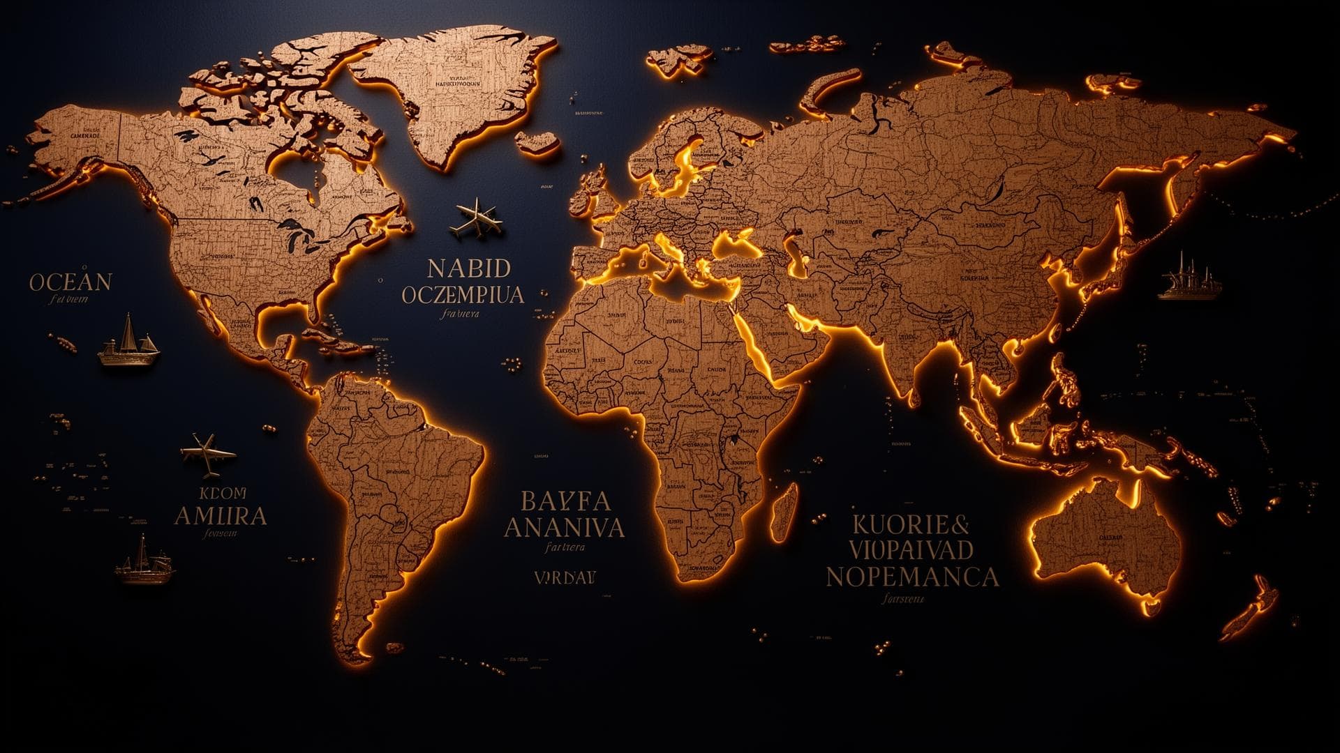 Illuminated world map — golden light on dark terrain